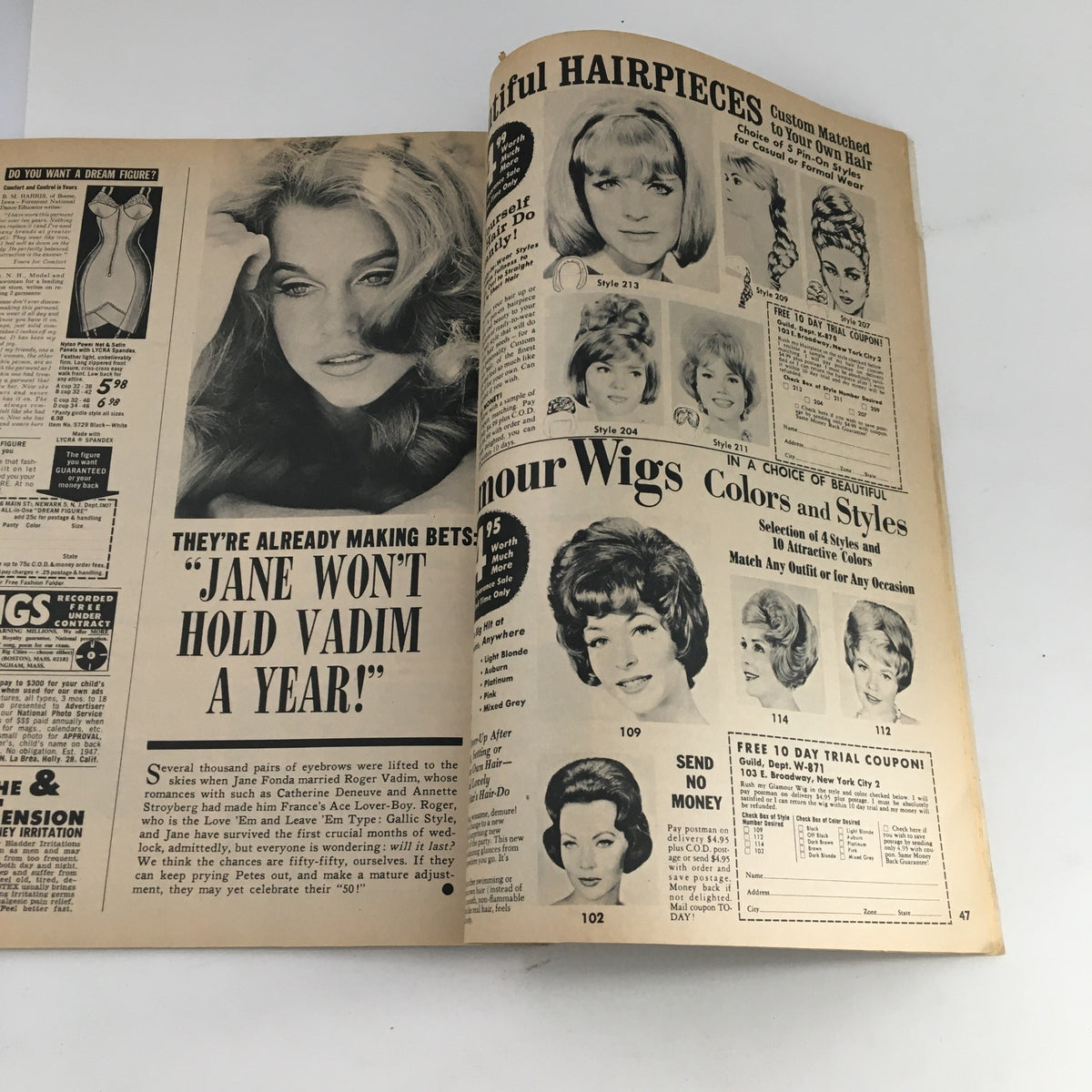 Page highlighting hairpiece advertisements and a feature on Jane Fonda in Movie World Magazine March 1966.