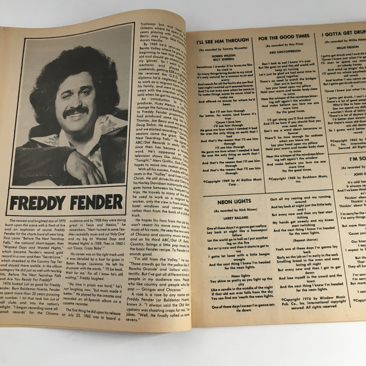 Article feature on Freddy Fender from 'Country Hits of the Seventies Summer 1977,' discussing his contributions to country music.