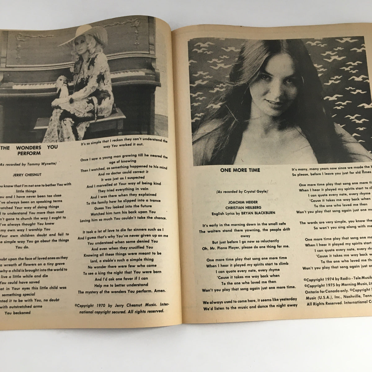 Inside pages of 'Country Hits of the Seventies Summer 1977 Olivia Newton-John Cover No Label' featuring lyrics and artist information, showcasing vintage country music culture.