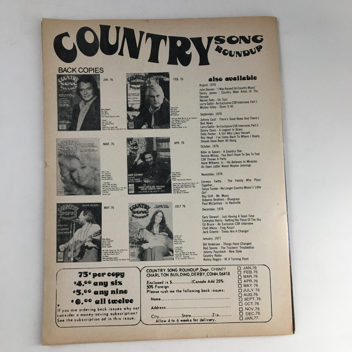 Back cover of 'Country Hits of the Seventies Summer 1977 Olivia Newton-John Cover No Label' displaying availability of back issues and notable country music artists from the 1970s.