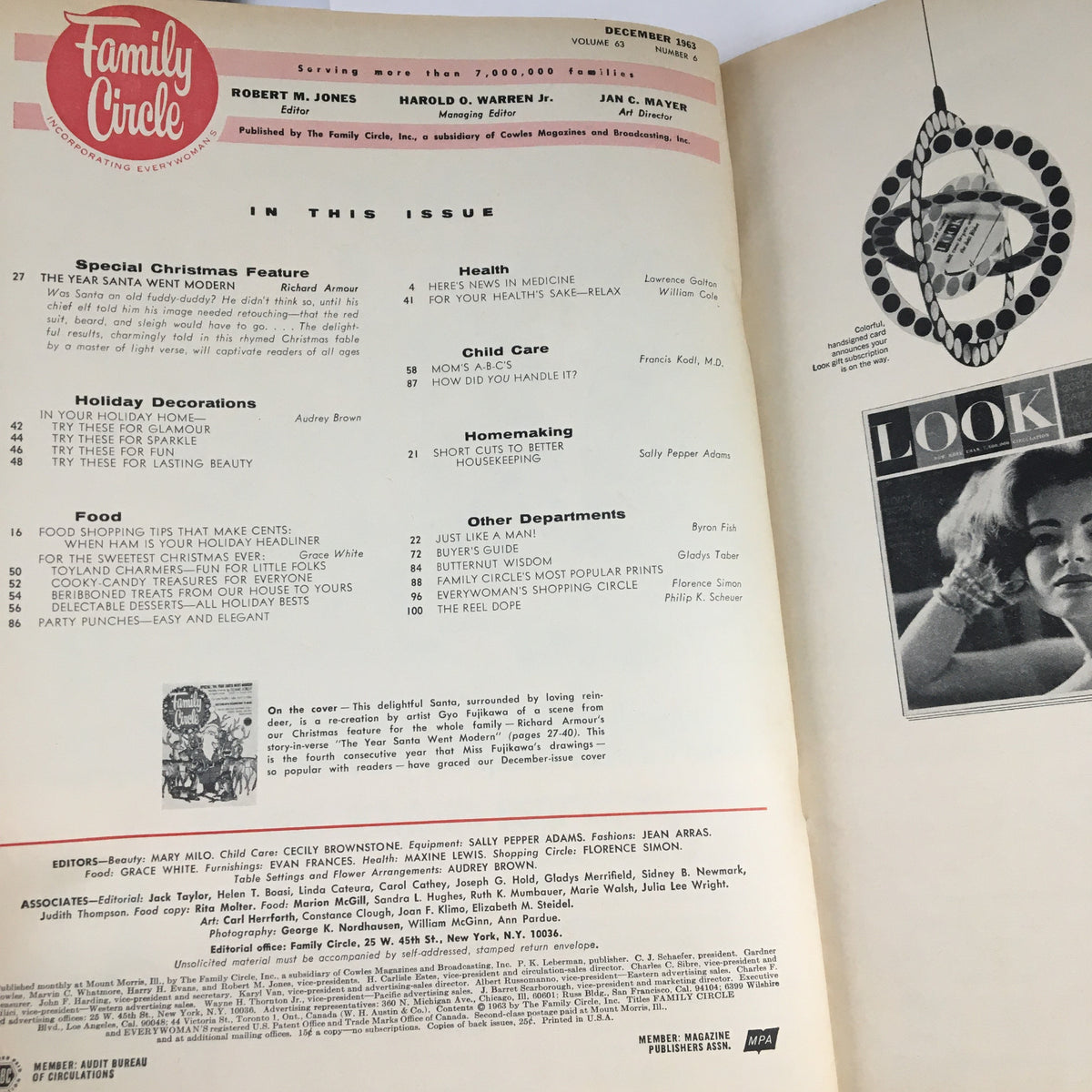 Interior page of Family Circle Magazine December 1963, featuring the table of contents and articles themed 'The Year Santa Went Modern'. Highlights include special Christmas features, holiday decorations, and family recipes, showcasing 1960s festive traditions.
