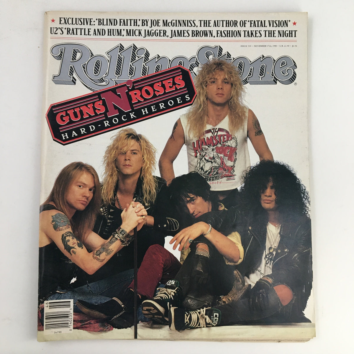 Rolling Stone Magazine November 17 1988 cover featuring Guns N' Roses, showcasing the hard-rock heroes of the late 1980s.
