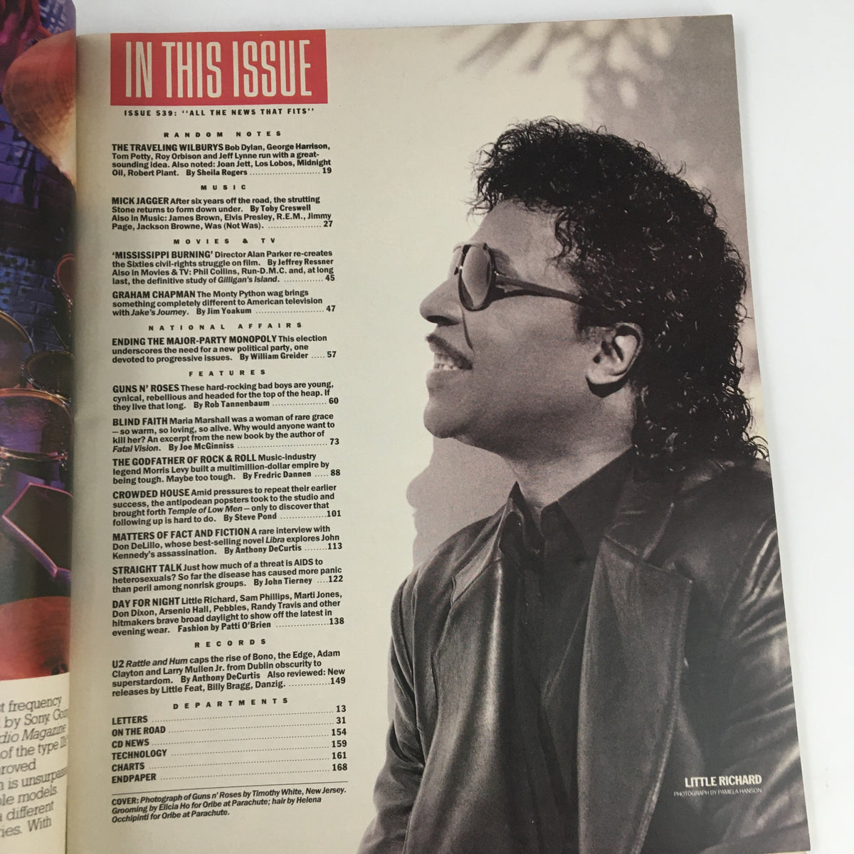 Inside page of Rolling Stone Magazine November 17 1988 listing the contents, including an interview with Guns N' Roses and other notable features.