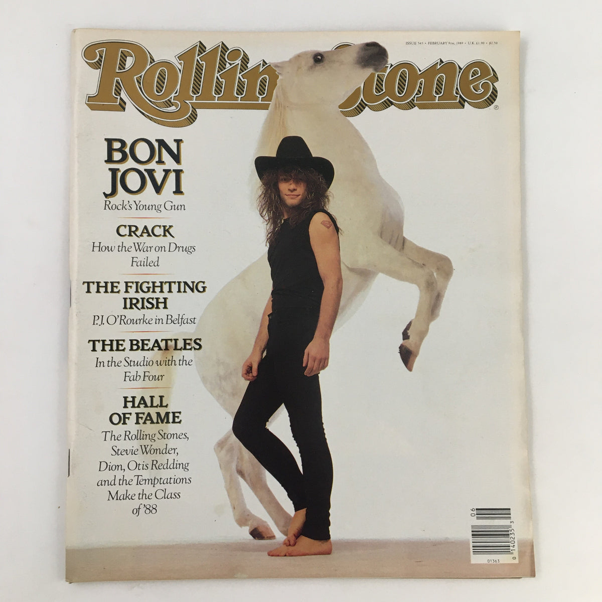 Cover of Rolling Stone Magazine February 9 1989 featuring Bon Jovi and a surreal image of a horse, highlighting rock music culture.
