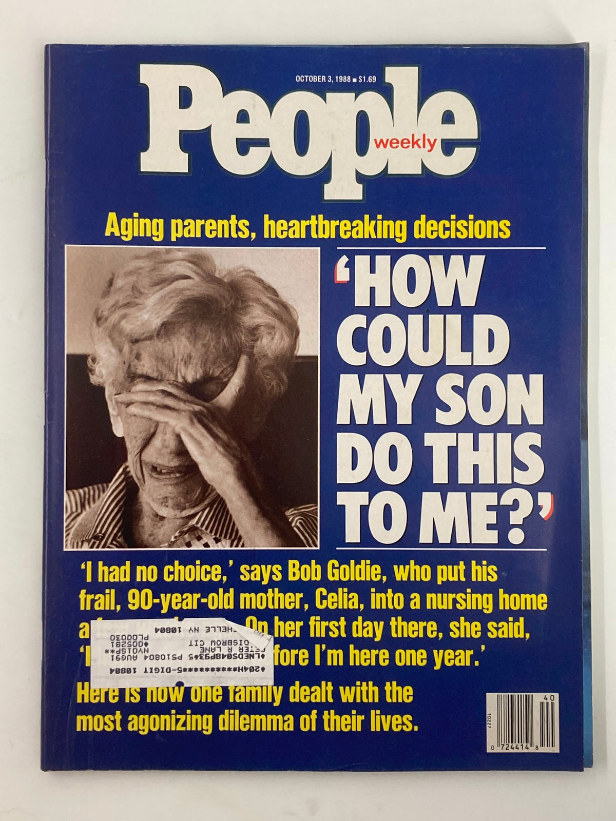 Cover of People Weekly Magazine from October 3, 1988, featuring Bob Goldie and his mother Celia, discussing aging parents and heart-wrenching decisions. The headline poses a heartfelt question: 'How Could My Son Do This To Me?'