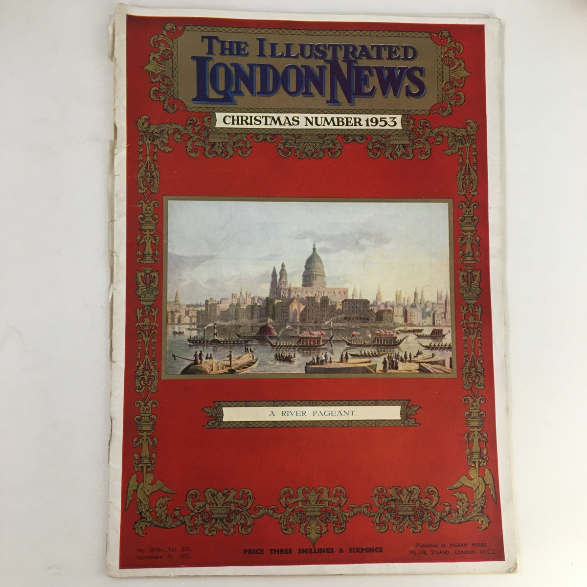 The Illustrated London News November 19 1953 A River Pageant - Cover featuring a vibrant illustration of a river pageant in London, showcasing historical architecture and festivities.