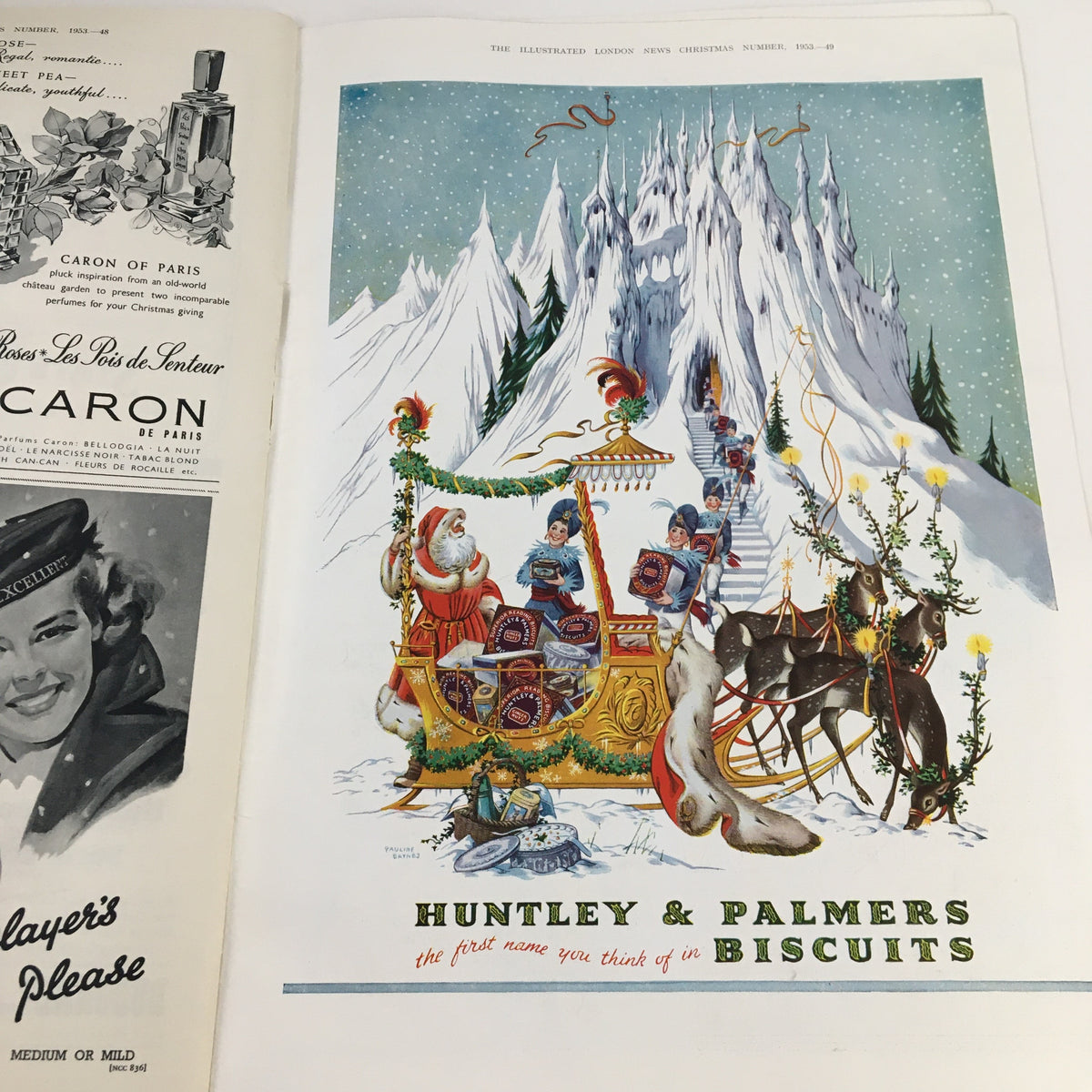 The Illustrated London News November 19 1953 A River Pageant - Advertisement for Huntley & Palmers biscuits, featuring colorful Christmas illustrations.