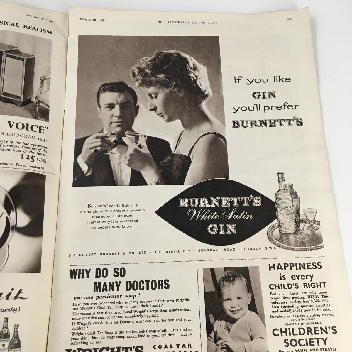 An advertisement for Burnett's White Satin Gin featured in The Illustrated London News, October 10, 1959, highlighting mid-century advertising styles.