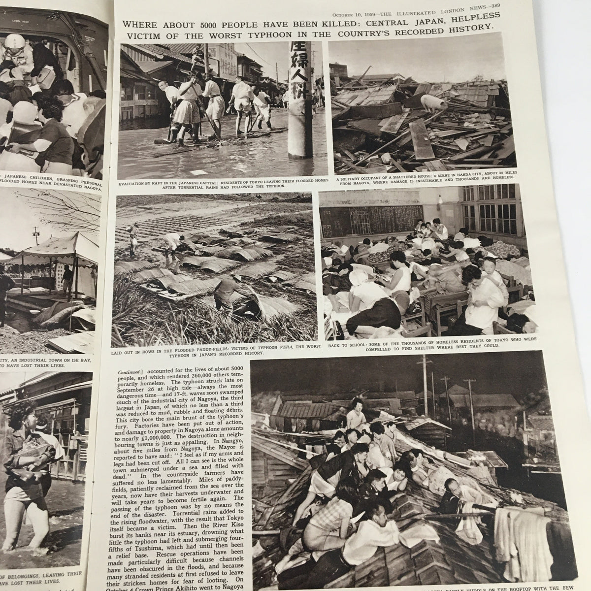 A collage of images documenting the impact of a major typhoon in Japan, published in The Illustrated London News on October 10, 1959.