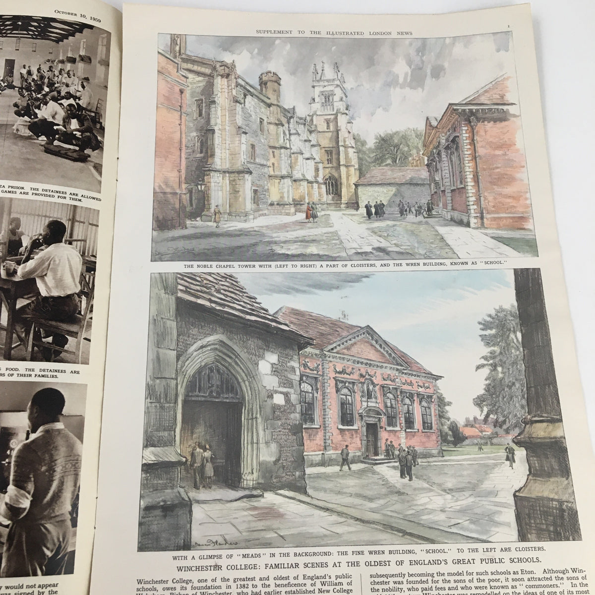 Water-color illustrations of Winchester College in The Illustrated London News, October 10, 1959, depicting historical scenes and architecture.