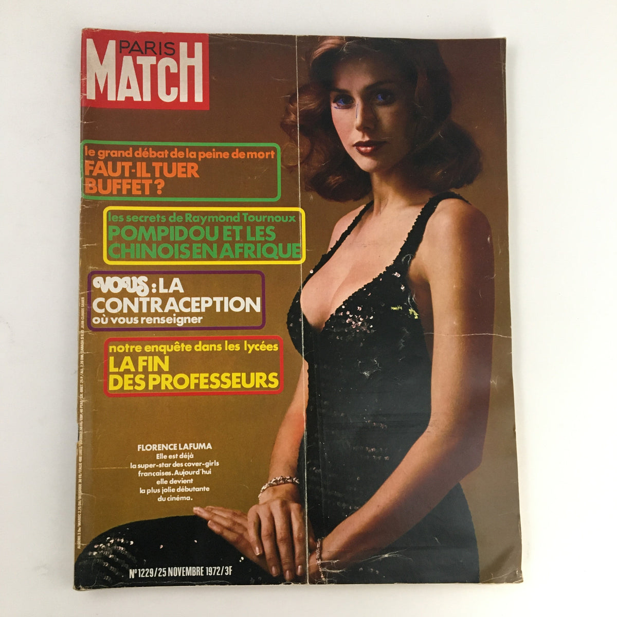 Cover of Paris Match Magazine from November 1972 featuring French actress Florence Lafluma, showcasing her allure and period-specific design.