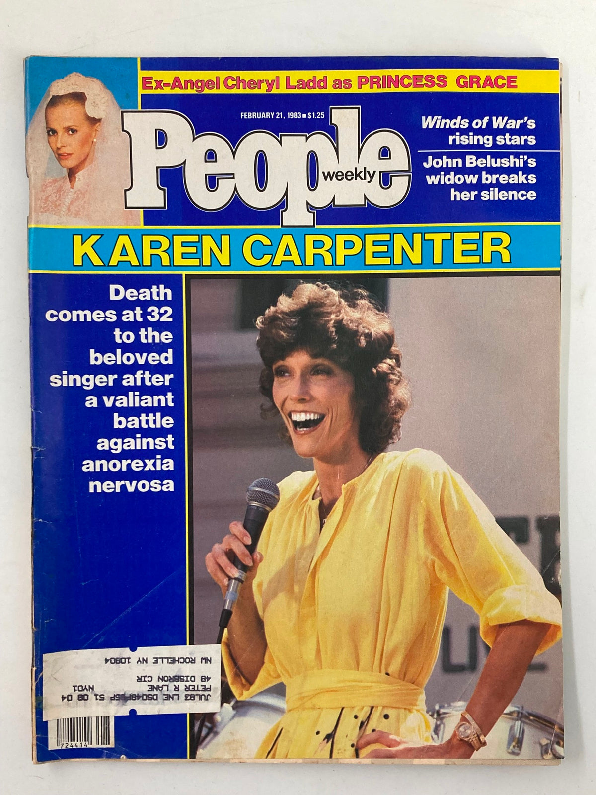 Cover of the VTG People Weekly Magazine from February 21, 1983 featuring Karen Carpenter and Cheryl Ladd, highlighting the cultural significance of the early 1980s with articles on celebrities.