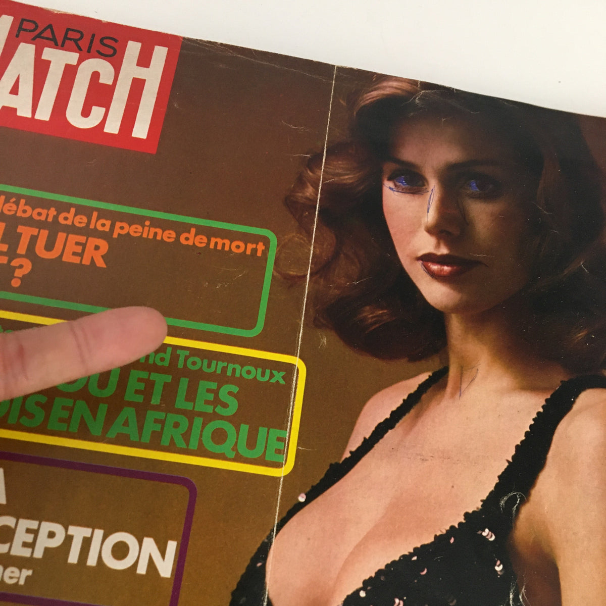 Close-up of the Paris Match Magazine cover from November 1972, prominently displaying Florence Lafluma and vibrant graphic text elements.