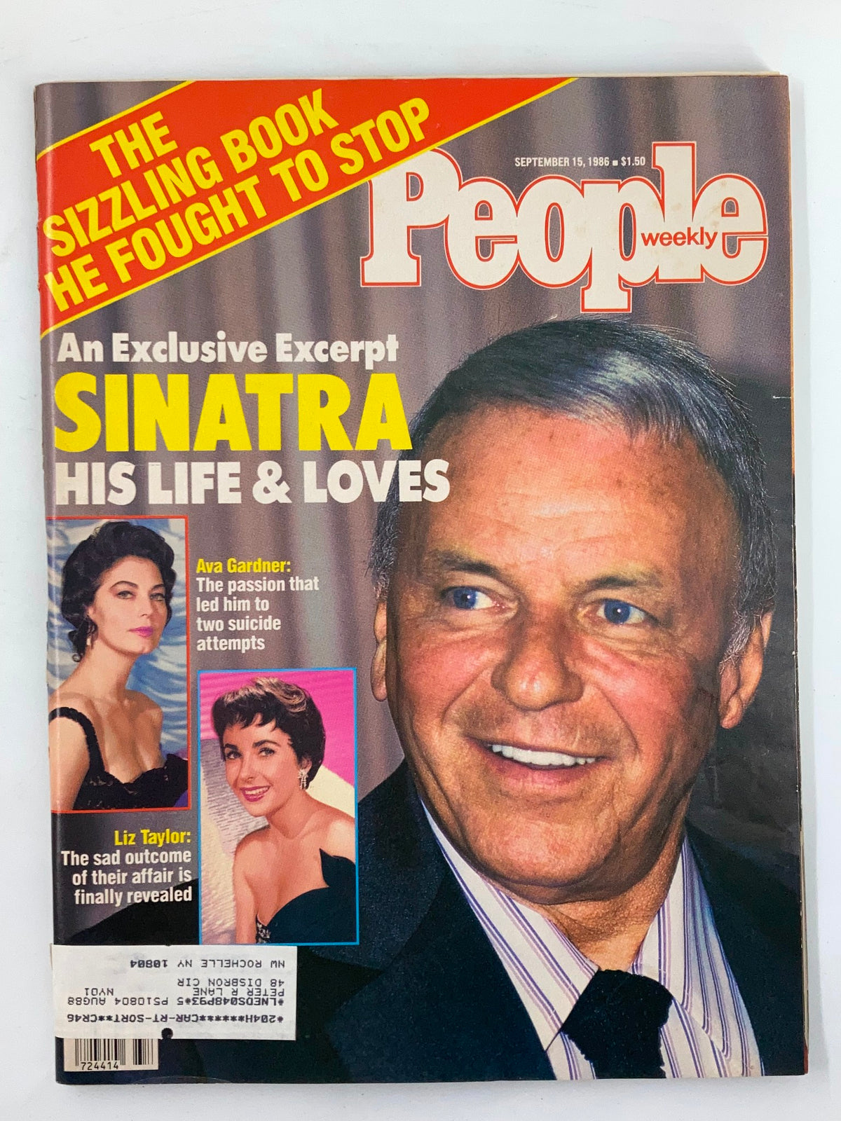 Cover of People Weekly Magazine from September 15, 1986, featuring Frank Sinatra, Ava Gardner, and Liz Taylor. The title reads 'The Sizzling Book He Fought to Stop' and showcases exclusive excerpts on Sinatra's life and loves.