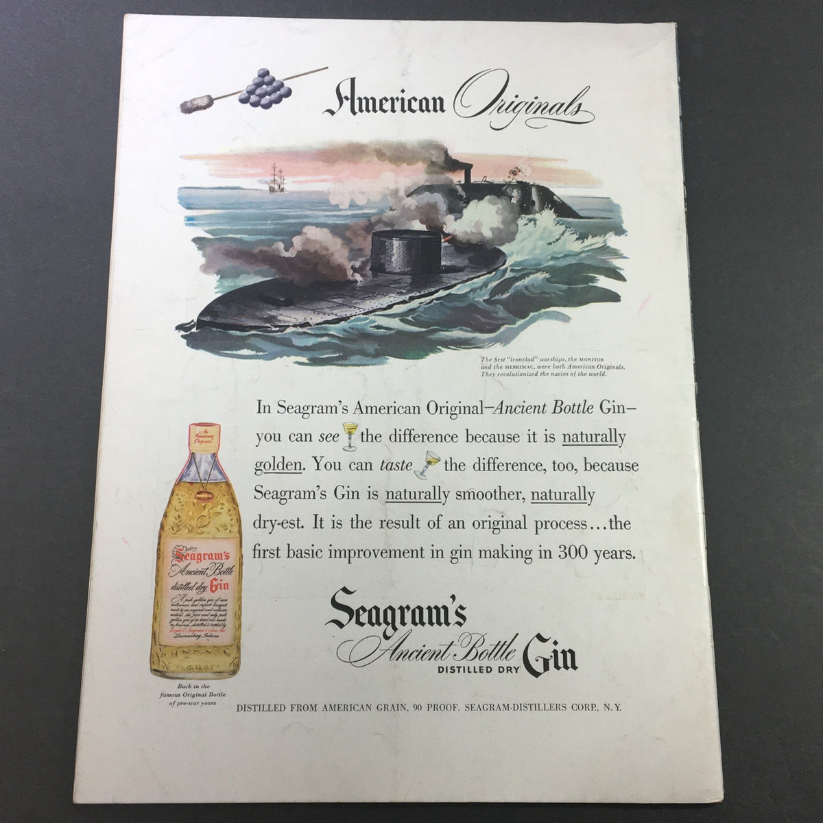 Back cover of VTG Gourmet The Magazine of Good Living July 1948, featuring an advertisement for Seagram's Ancient Bottle Gin with a nautical theme.