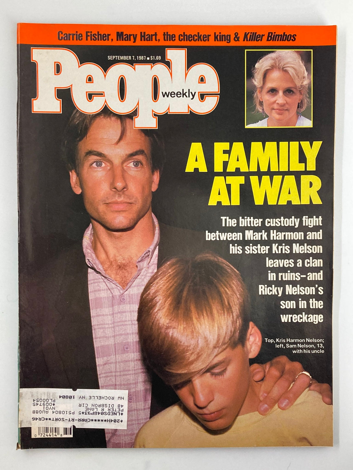 September 7, 1987, People Weekly Magazine cover featuring Kris Harmon Nelson and Sam Nelson, highlighting a family custody battle. The title ‘A Family at War’ draws attention to prominent celebrity stories from the late 1980s.