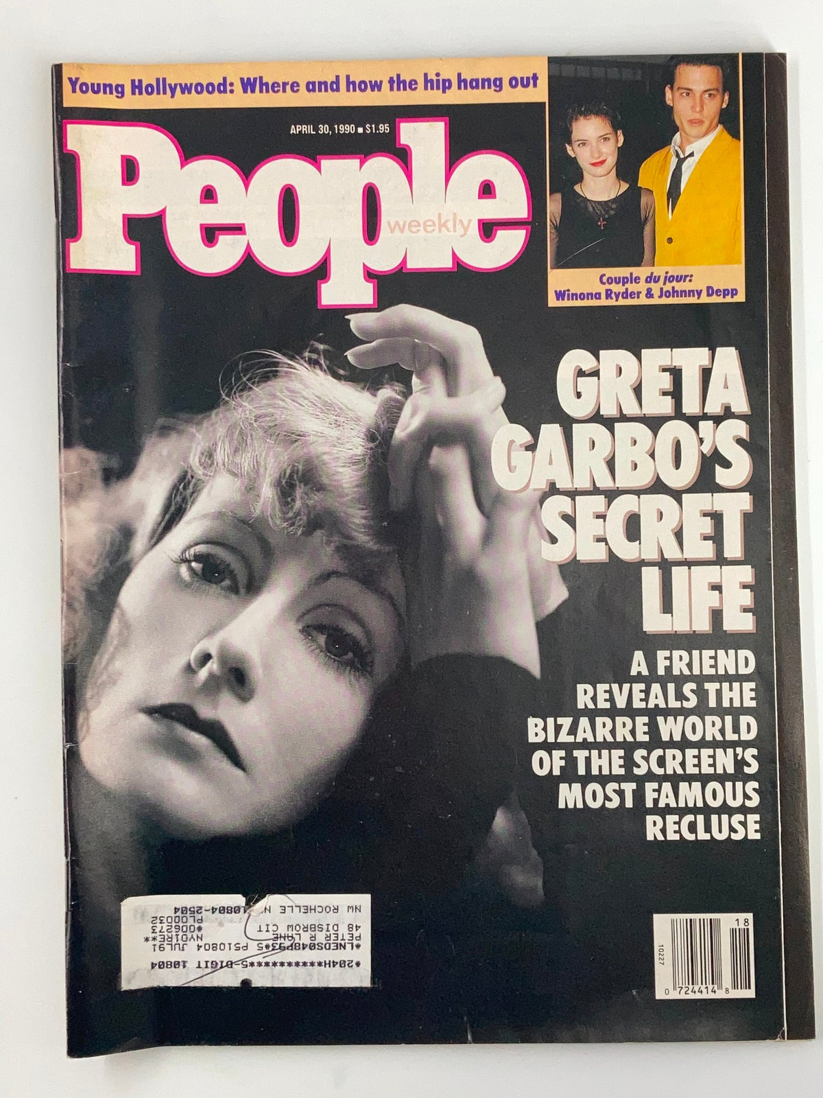 People Weekly Magazine April 30, 1990 cover featuring Greta Garbo and a photo of Winona Ryder with Johnny Depp, highlighting Garbo's secret life and capturing the essence of 90s pop culture.