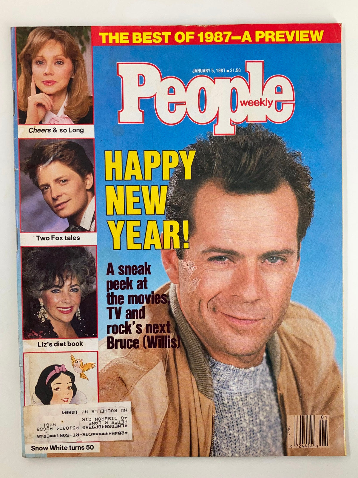 Cover of People Weekly Magazine from January 5, 1987, featuring Bruce Willis and Elizabeth Taylor, highlighting their contributions to film and television. The magazine includes features such as 'Happy New Year!' and articles on pop culture from the 1980s.