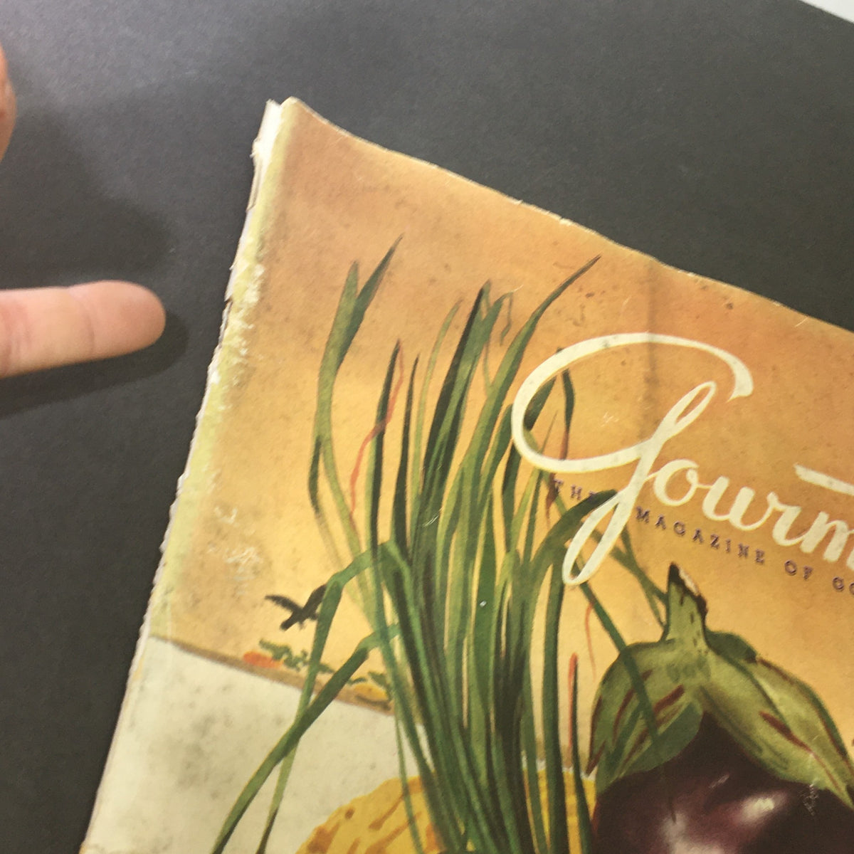 Cover of VTG Gourmet The Magazine of Good Living September 1944 showcasing vibrant illustrations of vegetables, reflecting the culinary art of the era, with a focus on the feature "Smoke Gets in Your Meat".