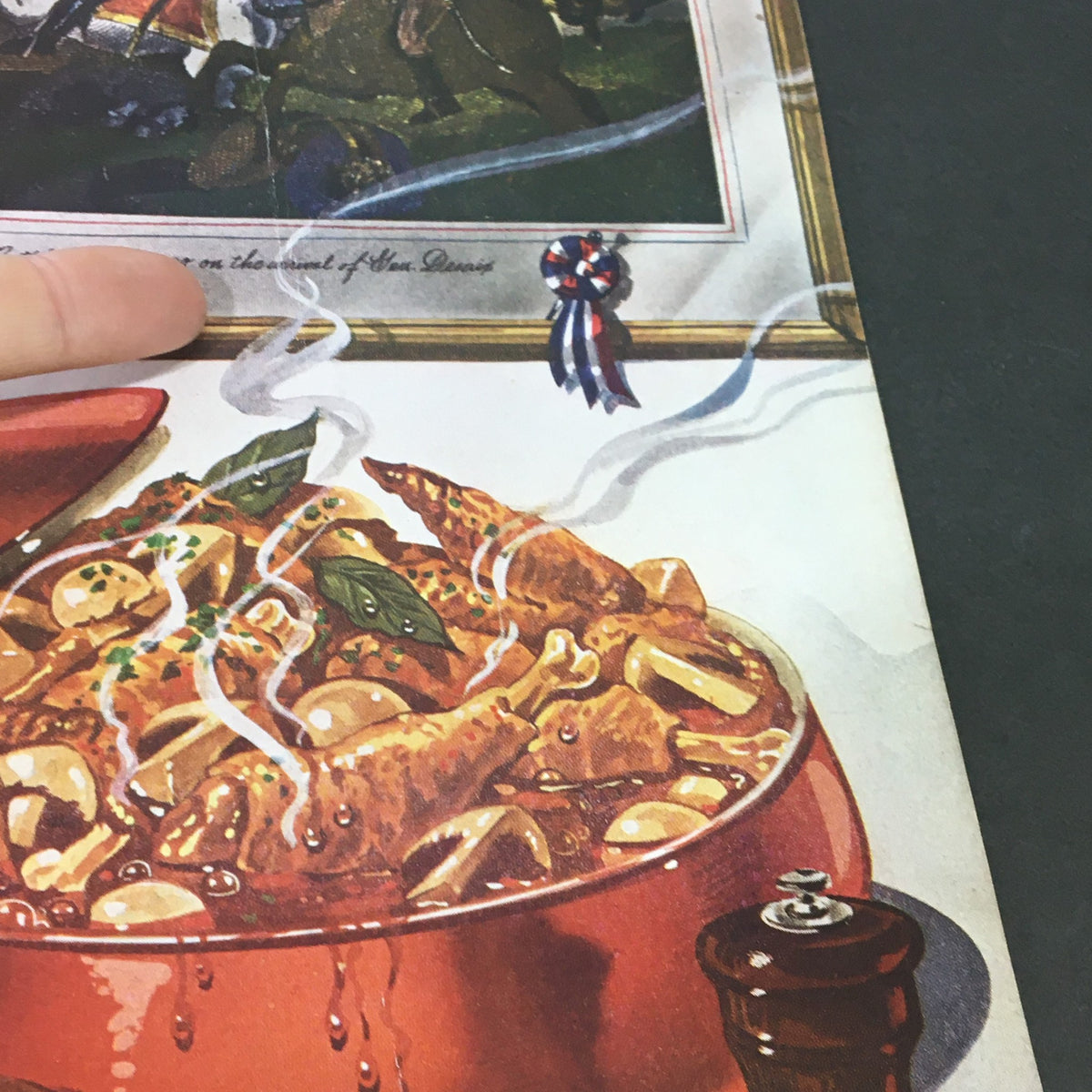 Vintage illustration of a steaming gourmet dish featured in VTG Gourmet The Magazine of Good Living May 1948 - Manor House Manna, showcasing culinary arts of the late 1940s.