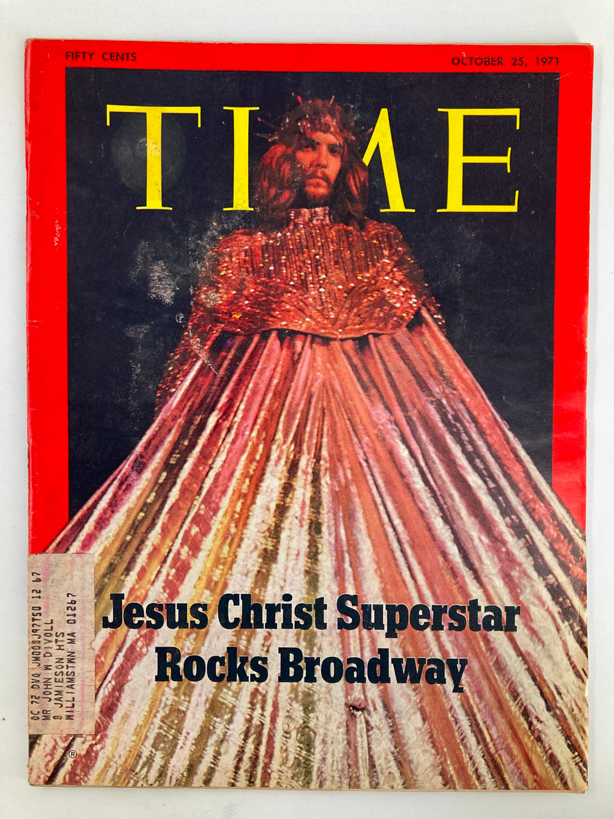 Vintage Time Magazine from October 25, 1971 featuring the cover story 'Jesus Christ Superstar Rocks Broadway'. The cover showcases a striking image of a performer in a reflective robe with a crown, embodying a pivotal moment in Broadway history.