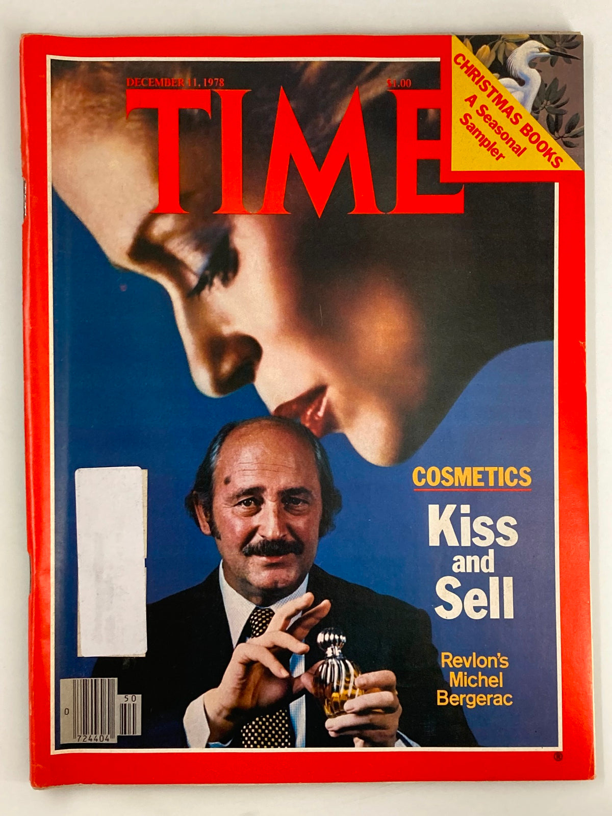 Vintage Time Magazine cover from December 11, 1978 featuring Revlon's Michel Bergerac, highlighting the theme 'Cosmetics Kiss and Sell' with a striking visual of a model and the iconic red Time Magazine logo.