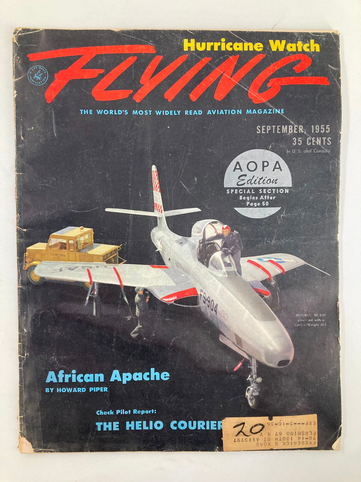 VTG Flying Magazine September 1955 showcasing the Republic RF-84F powered by Curtiss-Wright J65 on the cover, featuring vibrant graphics and vintage design.