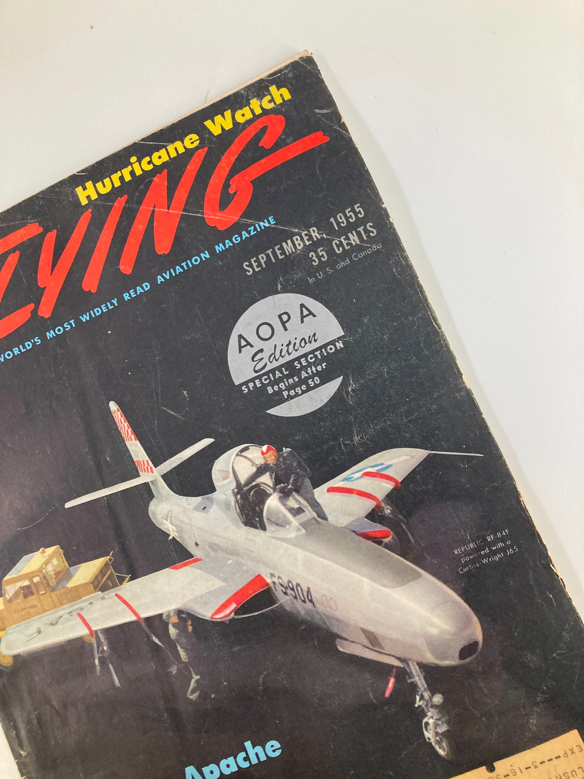 Detailed view of the VTG Flying Magazine September 1955 cover, focusing on the Republic RF-84F and AOPA Edition special section, emphasizing its vintage appeal.