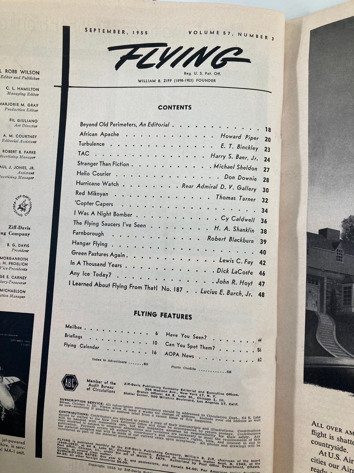 Interior content page of the VTG Flying Magazine September 1955 includes article titles and topics, enhancing the historical context of the Republic RF-84F features.