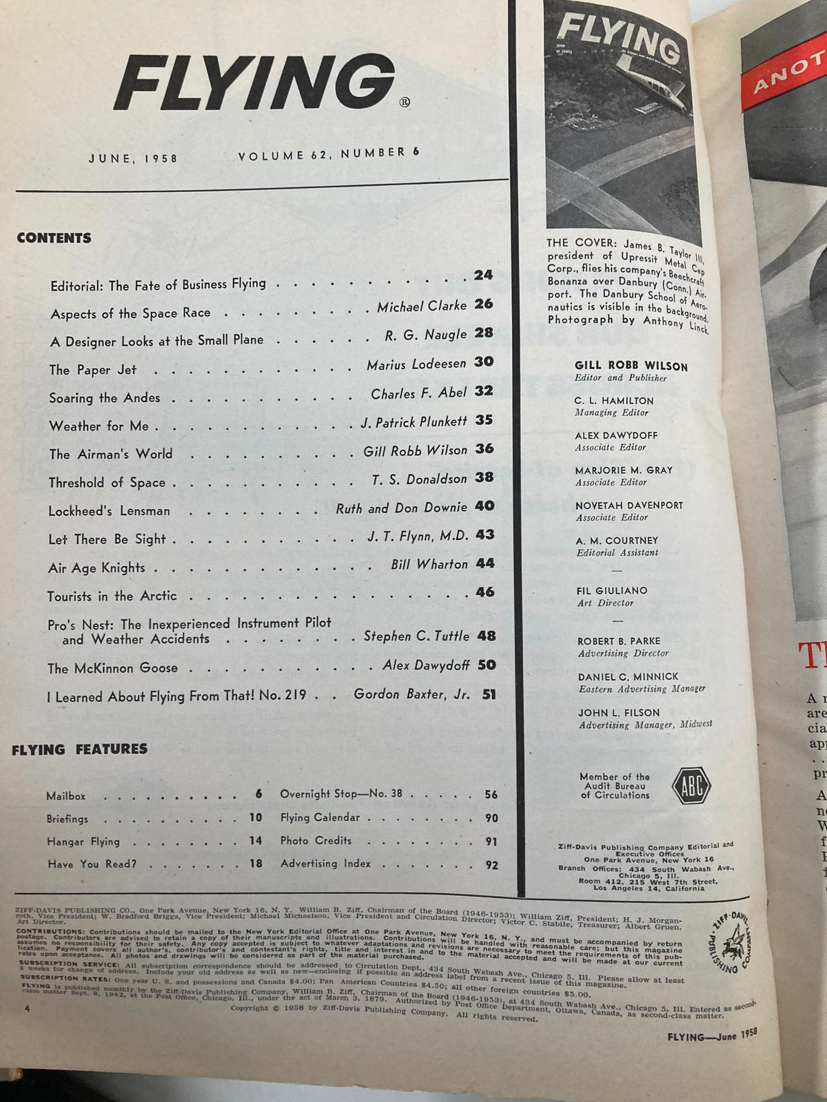 Open page from the June 1958 issue of Flying Magazine, featuring the table of contents with articles on Beechcraft Bonanza G35 and Lockheed's Lensman, showcasing vintage aviation topics.