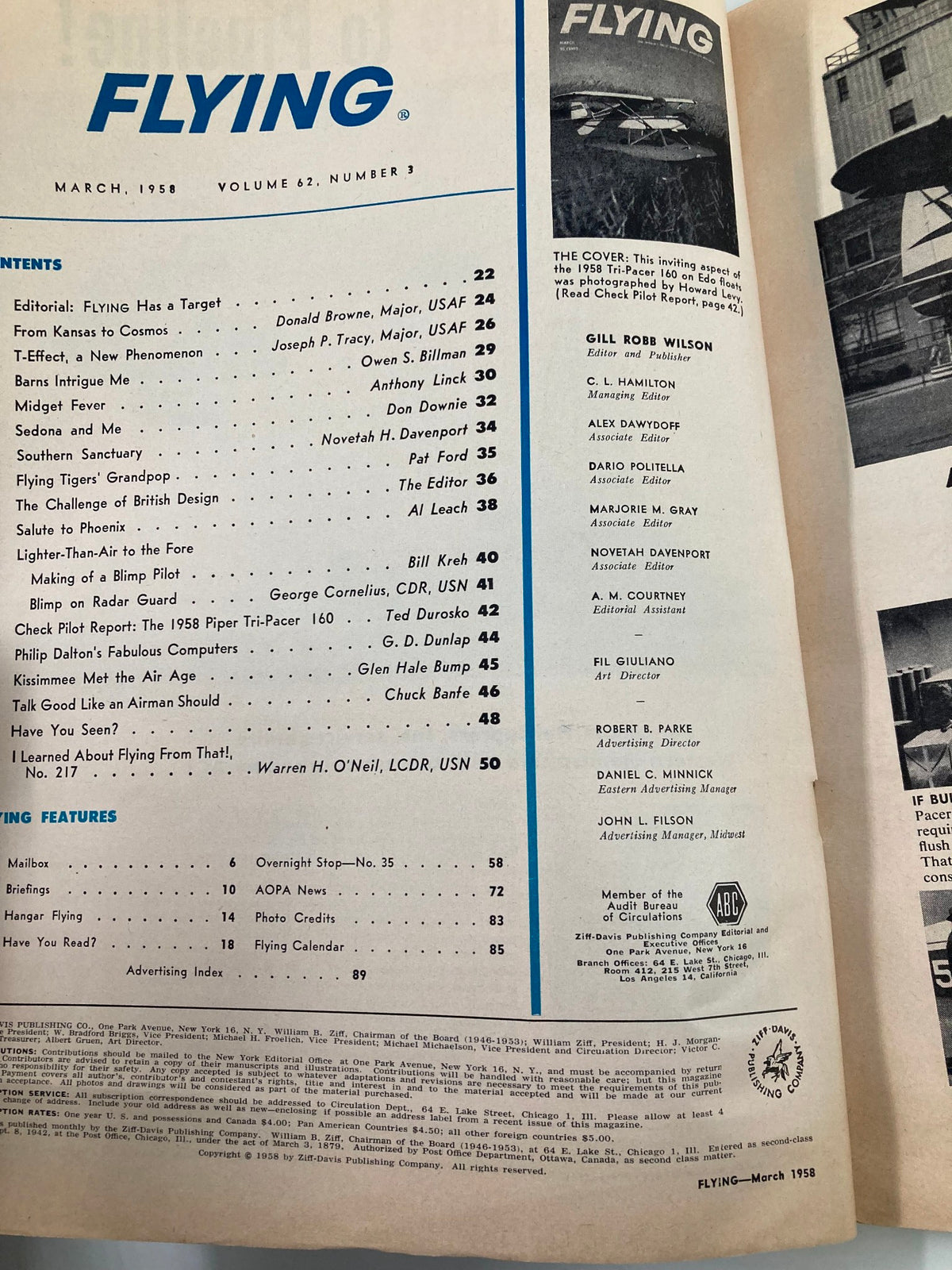 Flying Magazine March 1958 issue featuring the contents page, showcasing articles and features related to aviation, including the 1958 Tri-Pacer 160 on Edo Floats.