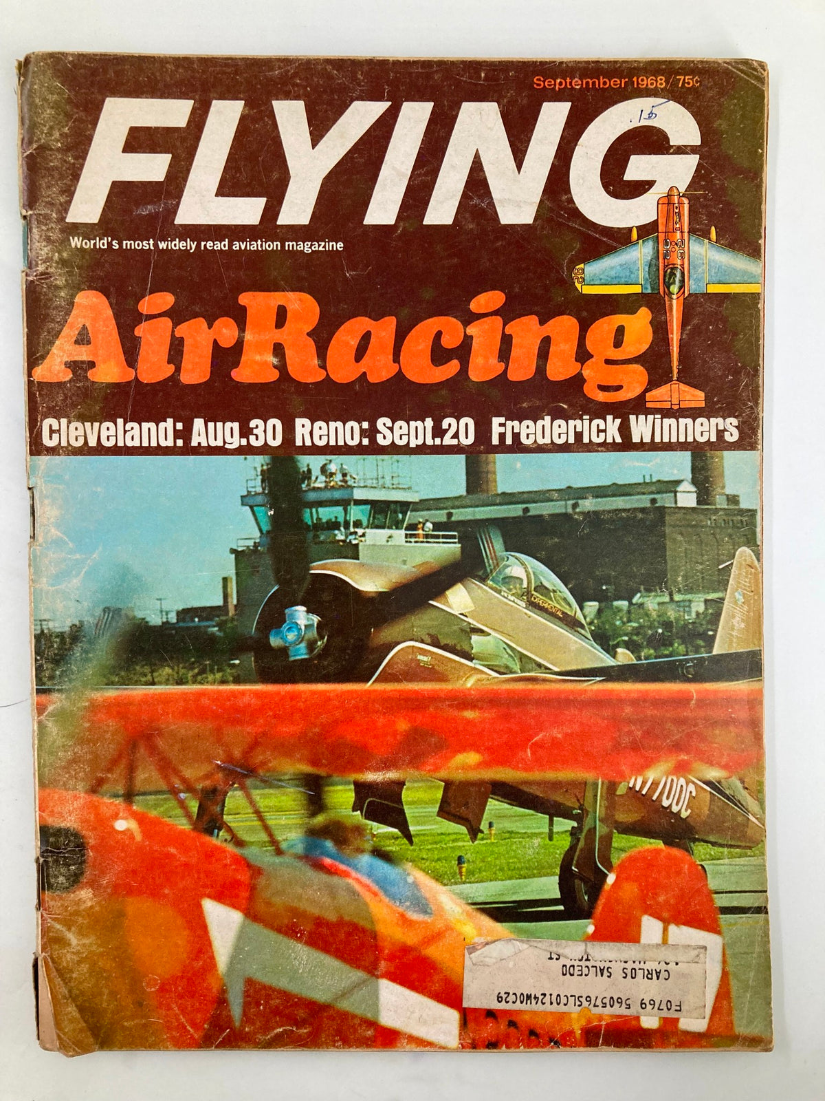 Cover of VTG Flying Magazine September 1968 featuring air racing in Cleveland and Reno, showcasing colorful aircraft and an exciting aviation theme.