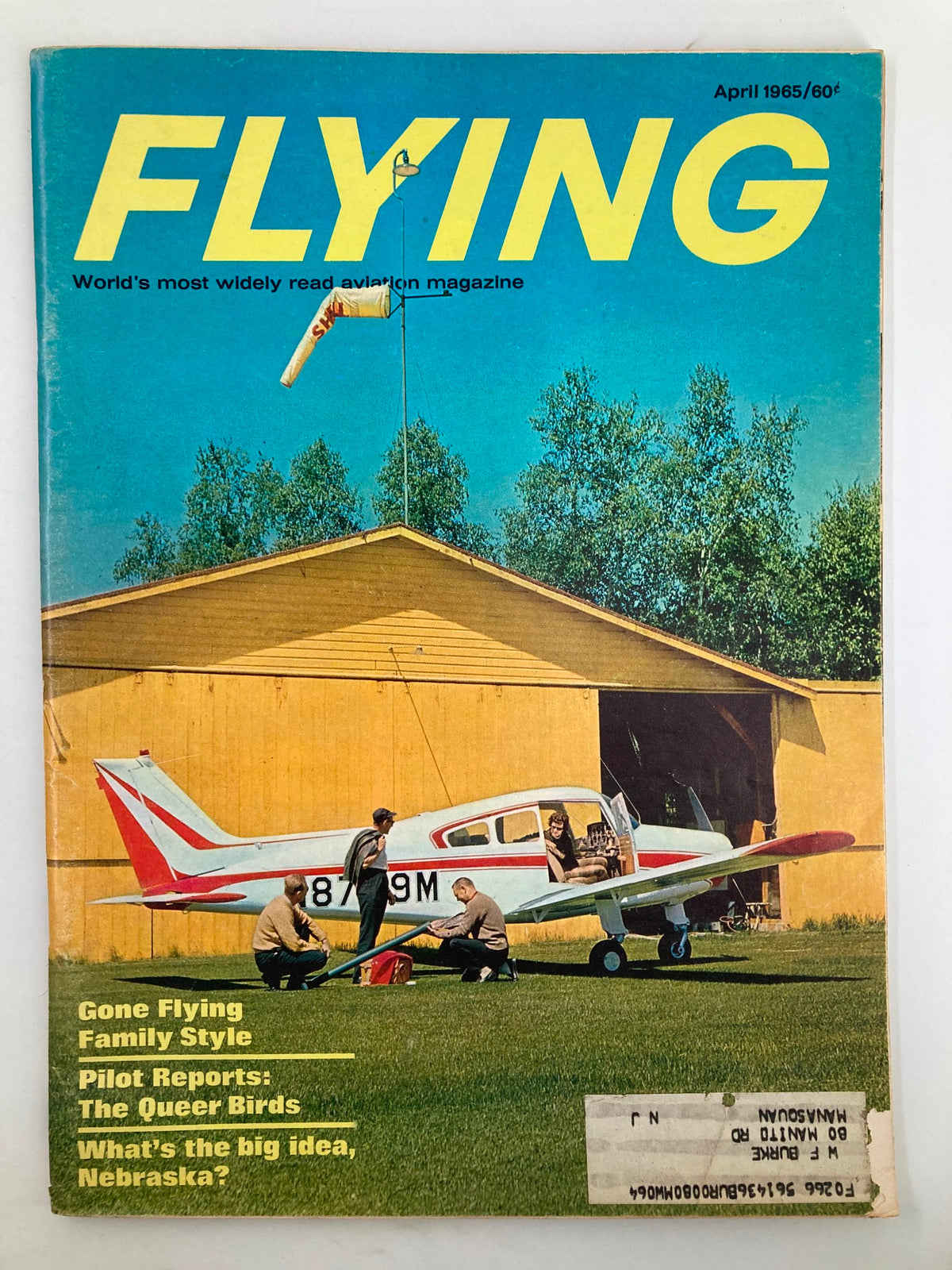 VTG Flying Magazine April 1965 featuring the Musketeer II on the cover, showcasing a vibrant image of an airplane and aviation enthusiasts near a hangar.