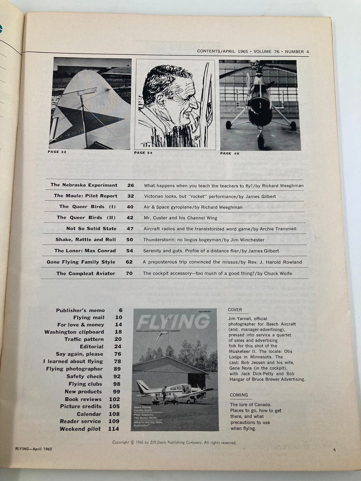 Inside page of VTG Flying Magazine April 1965 showing the table of contents with featured articles about aviation, including 'The Nebraska Experiment' and 'Gone Flying Family Style'.