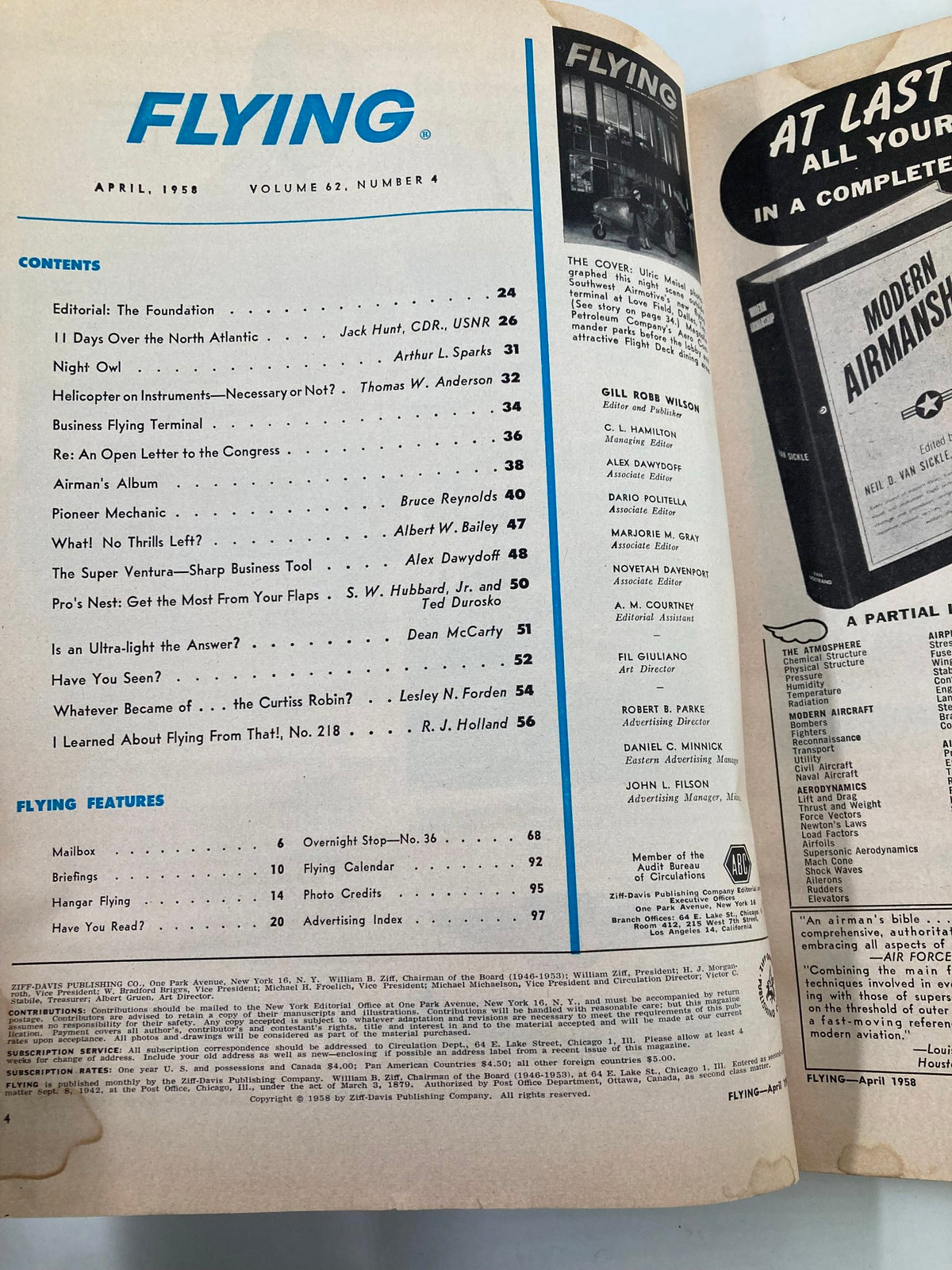 Table of contents from VTG Flying Magazine April 1958 listing articles on aviation topics, including George Hallett's pioneering story.