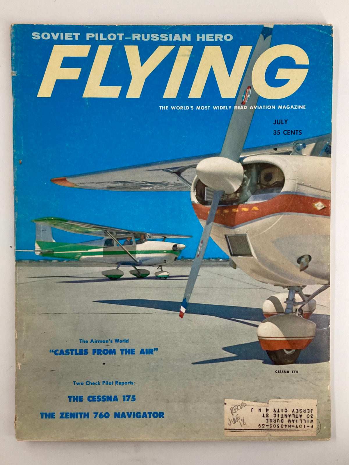 Cover of VTG Flying Magazine July 1958 featuring the Cessna 175 and Zenith 760 Navigator with colorful aircraft, highlighting aviation advancements.