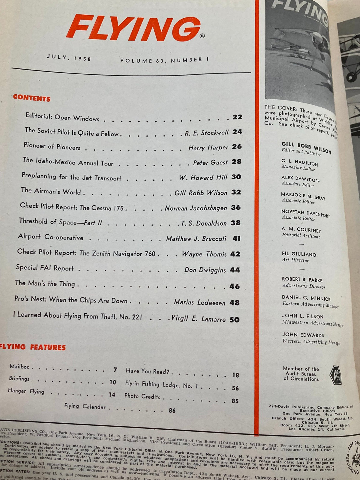 Contents page of VTG Flying Magazine July 1958 listing articles, pilot reports on Cessna 175 and Zenith Navigator, reflecting aviation topics from the era.