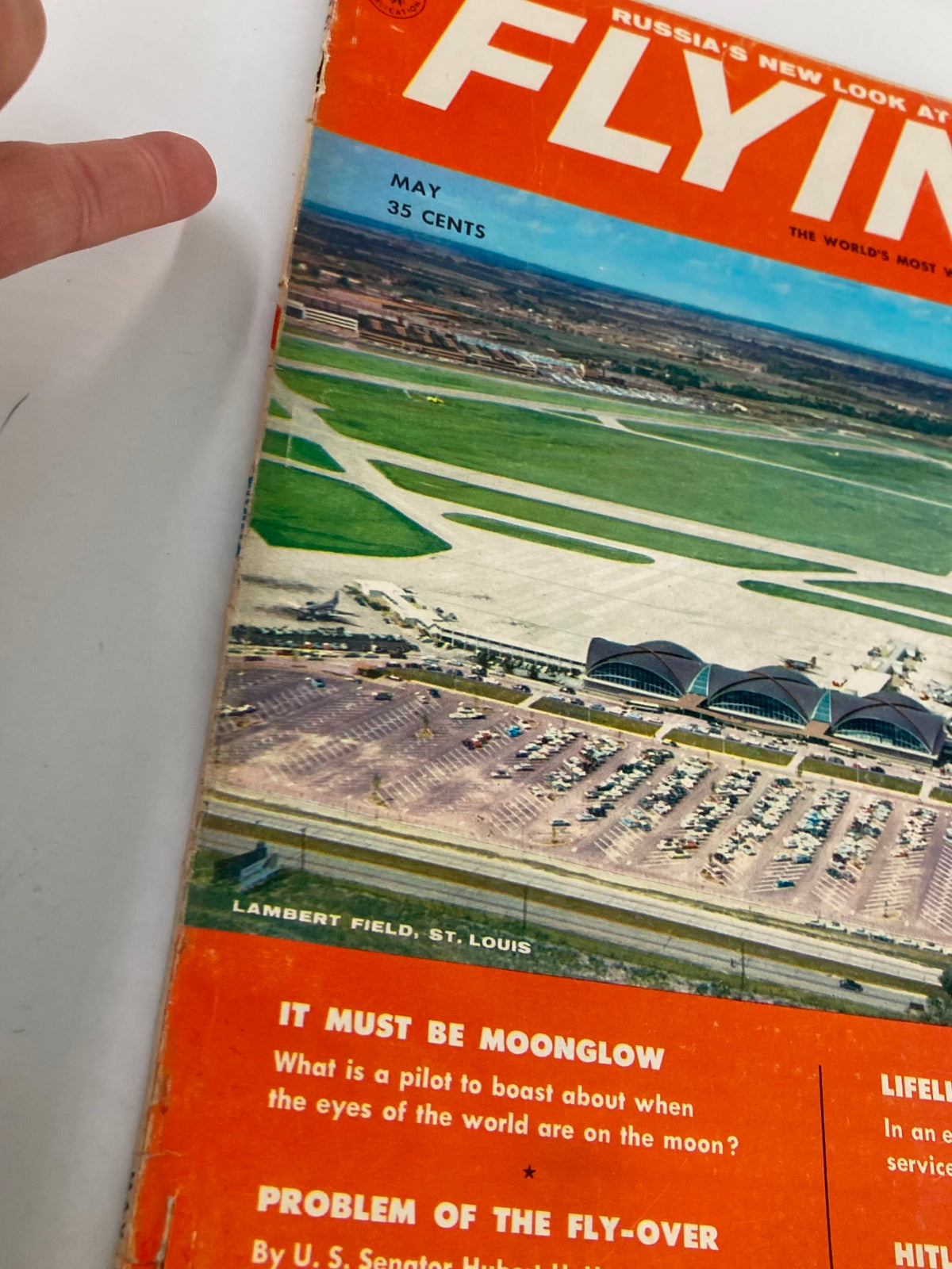 Close-up of the VTG Flying Magazine May 1958 cover highlighting Lambert Field, St. Louis, and the article titles including 'Hitler's Last Dream'.