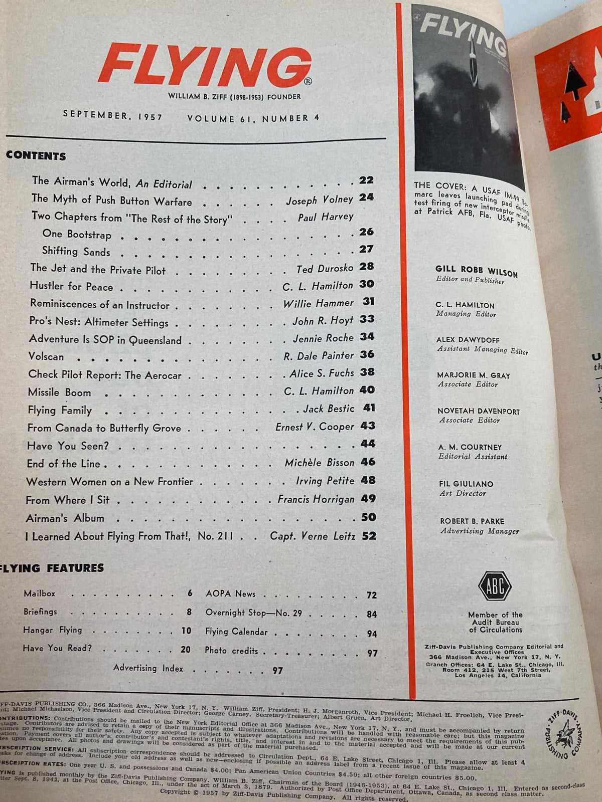 Contents page of Vintage Flying Magazine September 1957, detailing articles on aviation topics such as the Aerocar, jet pilots, and various features within the publication.