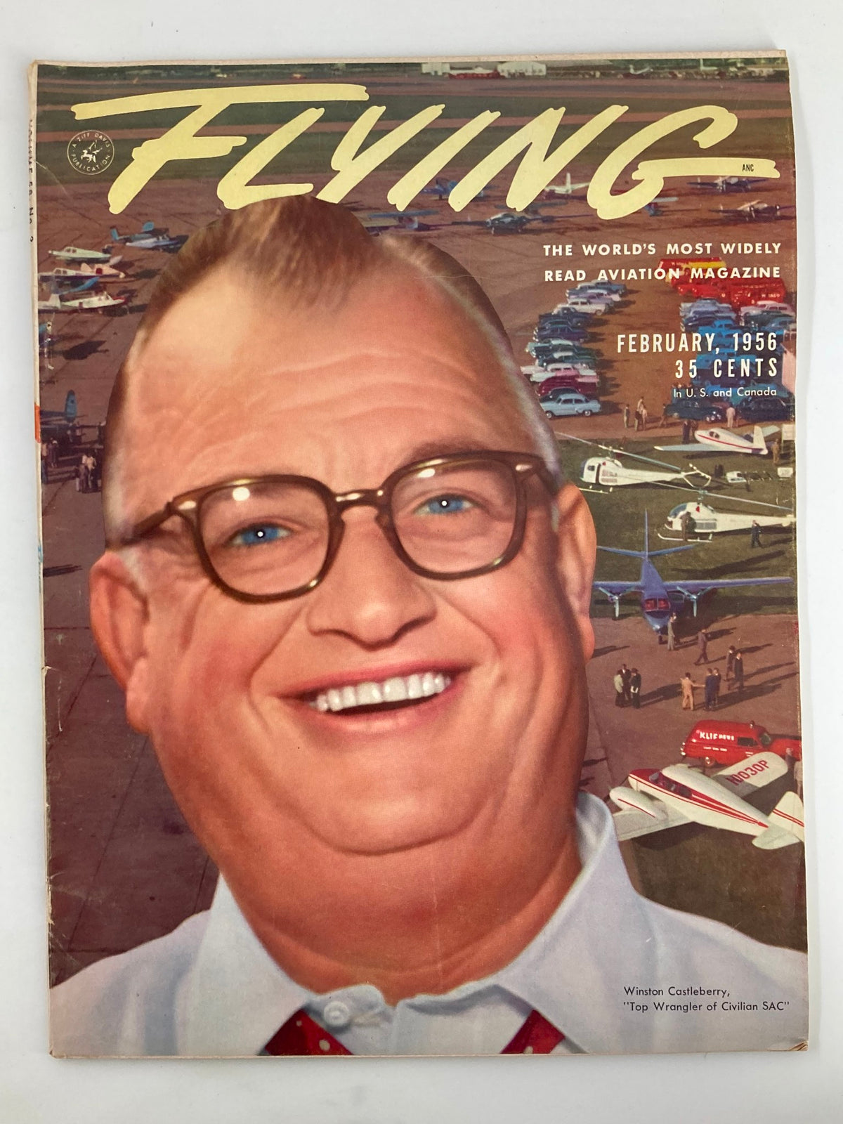 Cover of VTG Flying Magazine February 1956 featuring Winston Castleberry, Top Wrangler of SAC, with vibrant aviation background.