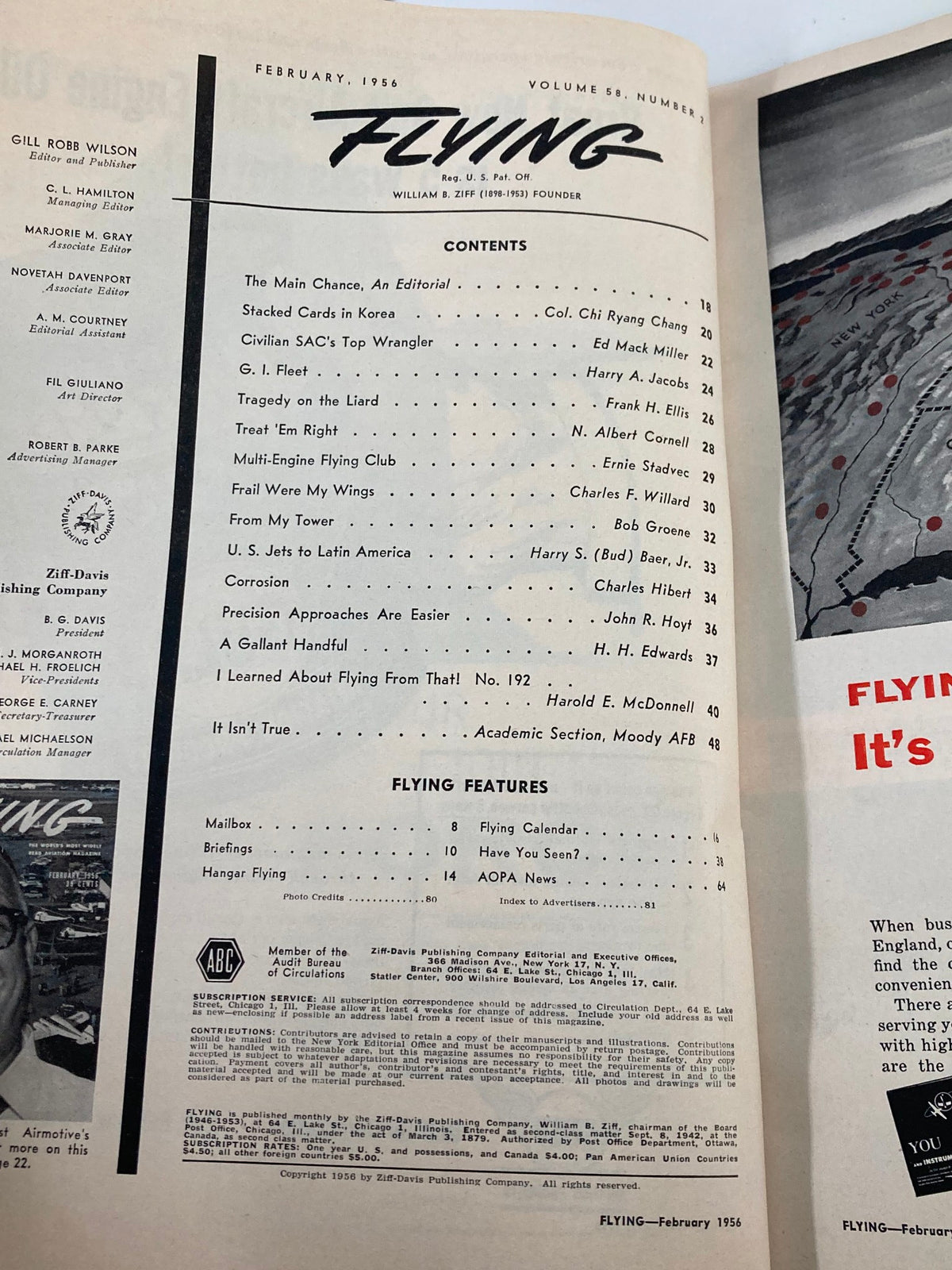 Contents page of VTG Flying Magazine February 1956, outlining articles and editorials in the aviation publication.