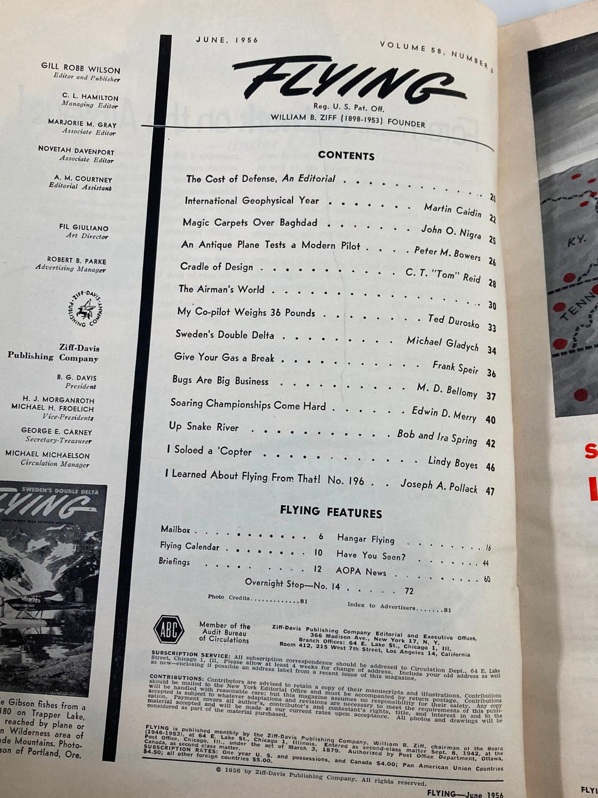 Interior page of VTG Flying Magazine June 1956 displaying the table of contents, with notable articles including 'An Antique Plane Tests a Modern Pilot' and 'International Geophysical Year'.