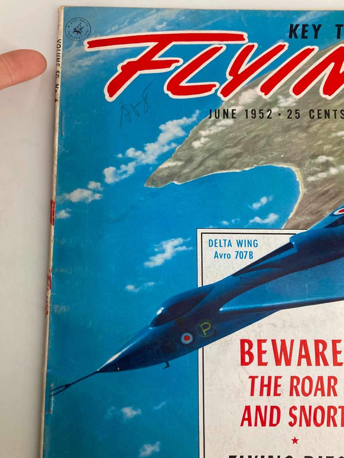 Detail of the cover of VTG Flying Magazine June 1952 showcasing the Delta Wing Avro 707B, with focus on the title elements and vintage design.