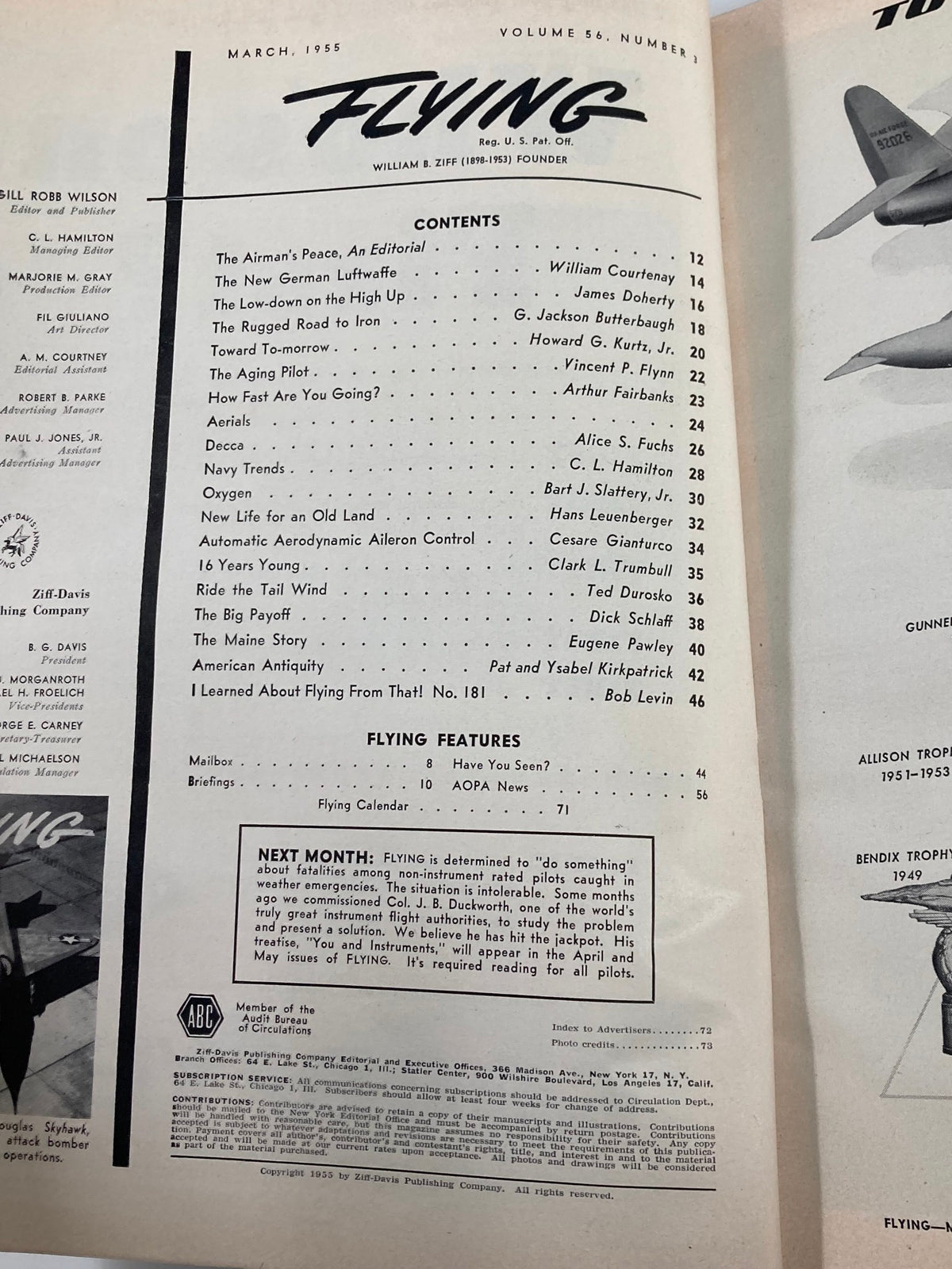 Contents page of VTG Flying Magazine March 1955 showcasing articles and features related to aviation, including highlights of the Mighty Midget Douglas A4D Skyhawk.