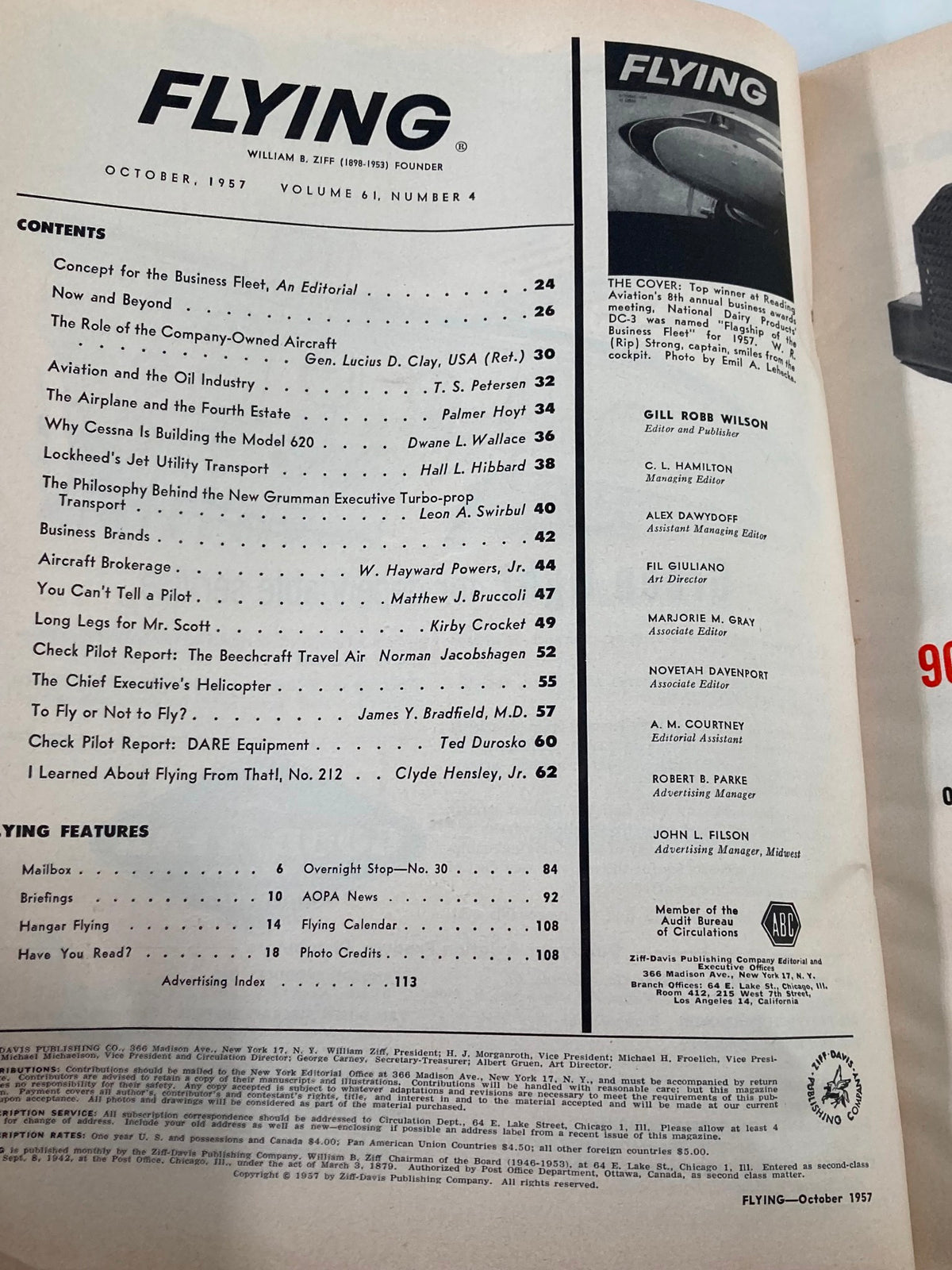 Inside page of VTG Flying Magazine October 1957 detailing contents and features, including articles on aviation and notable contributors.