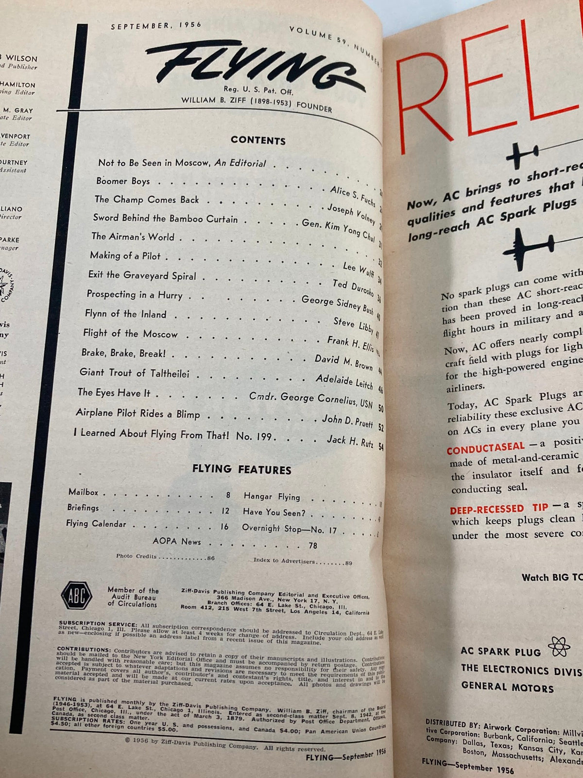 Interior page of VTG Flying Magazine September 1956 showing the table of contents, highlighting articles including 'Boomer Boys' and 'Making of a Pilot'.
