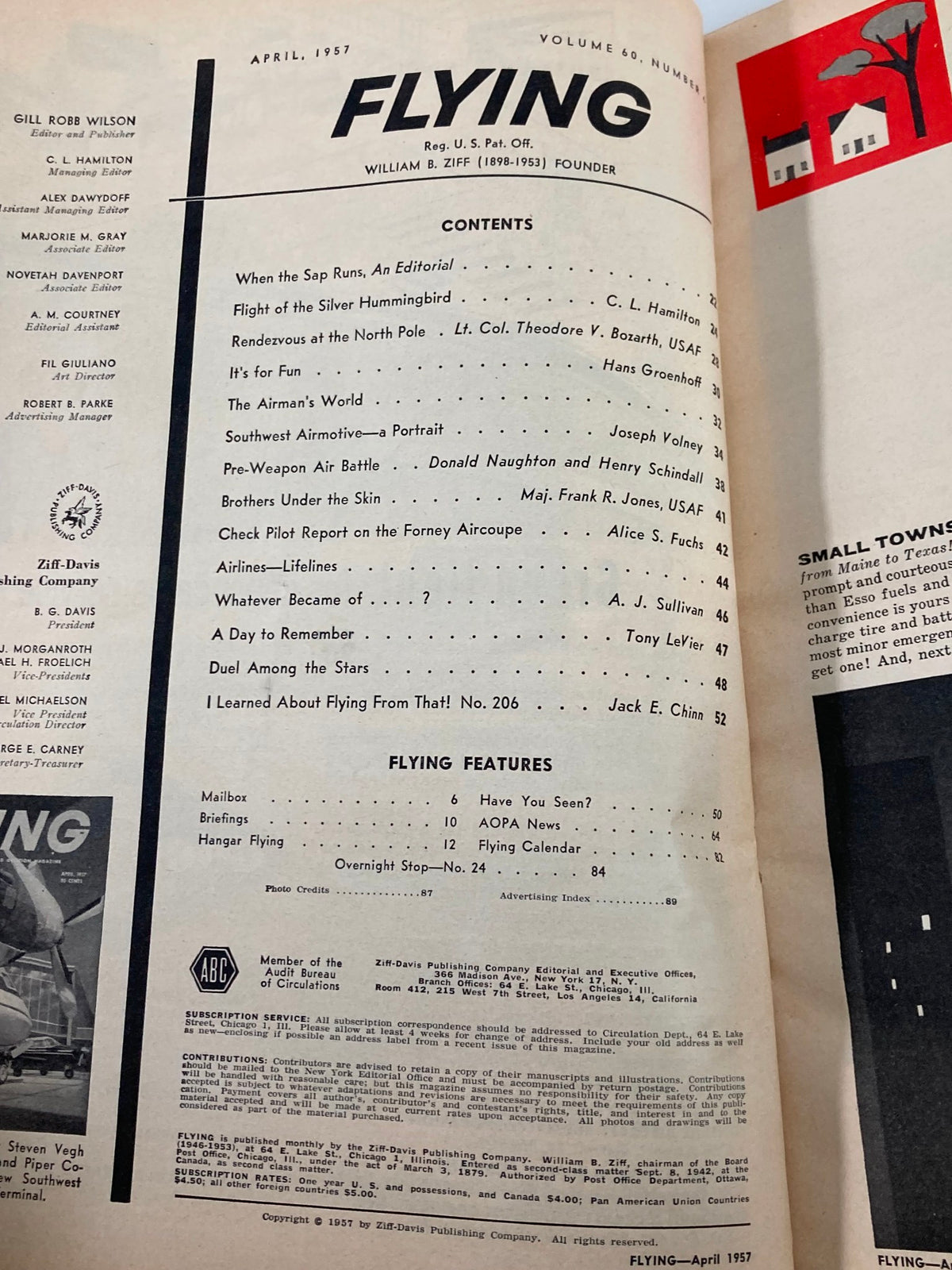 Contents page of VTG Flying Magazine April 1957 listing articles including 'Flight of the Silver Hummingbird'.