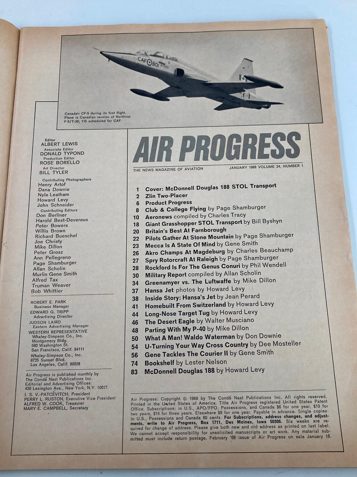Inside page of VTG Air Progress Magazine January 1969 showcasing the table of contents and an article about the McDonnell Douglas 188 STOL Transport.