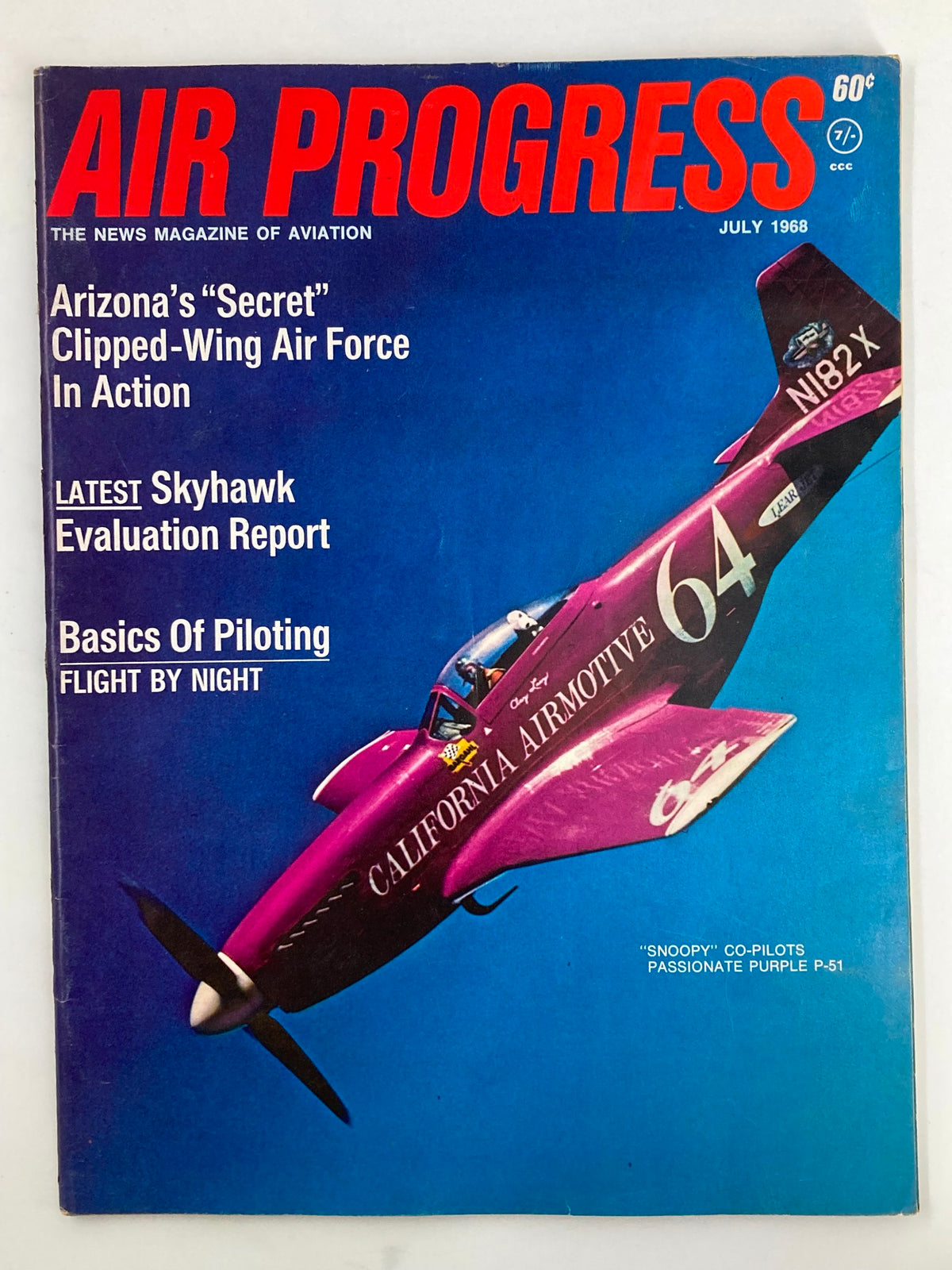 Cover of VTG Air Progress Magazine July 1968 featuring Snoopy as Co-Pilot with Passionate Purple P-51 aircraft.