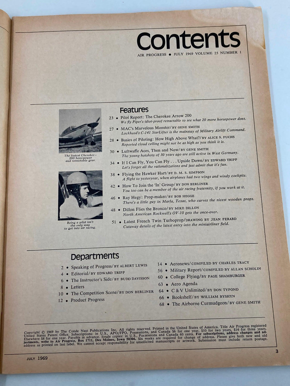 Contents page of Air Progress Magazine July 1969, listing features and articles, including Pilot Report on the Cherokee Arrow 200 and Flying the Hawker Hart, reflecting the era's aviation advancements.